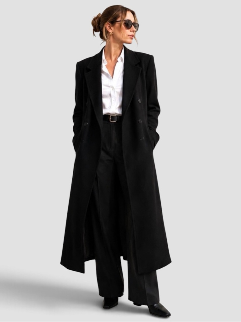 Collectibles long double breasted trench coat black wool blend VTG Full length